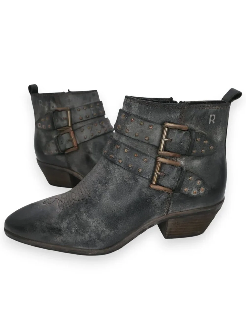Roan by Bed Stu Ville Short Ankle Boot Black Gray Western Bootie Buckles 9M